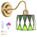 Vintage Battery Operated Wall Sconce with Remote, Rechargeable LED Wall Lamp 3 Colors Dimmable, Gold Wall Lights Fixture for Bedroom Bathroom Living Room Hallway Green Checker