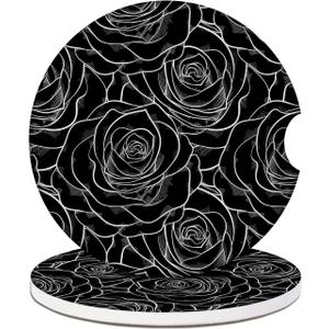 Car Cup Holder Coasters - Black Rose Absorbent Ceramic Coaster 2 Pack, Anti Slip Car Coasters for Cup Holders, Fashion Car Interior Accessories Drink Coaster for Women & Men
