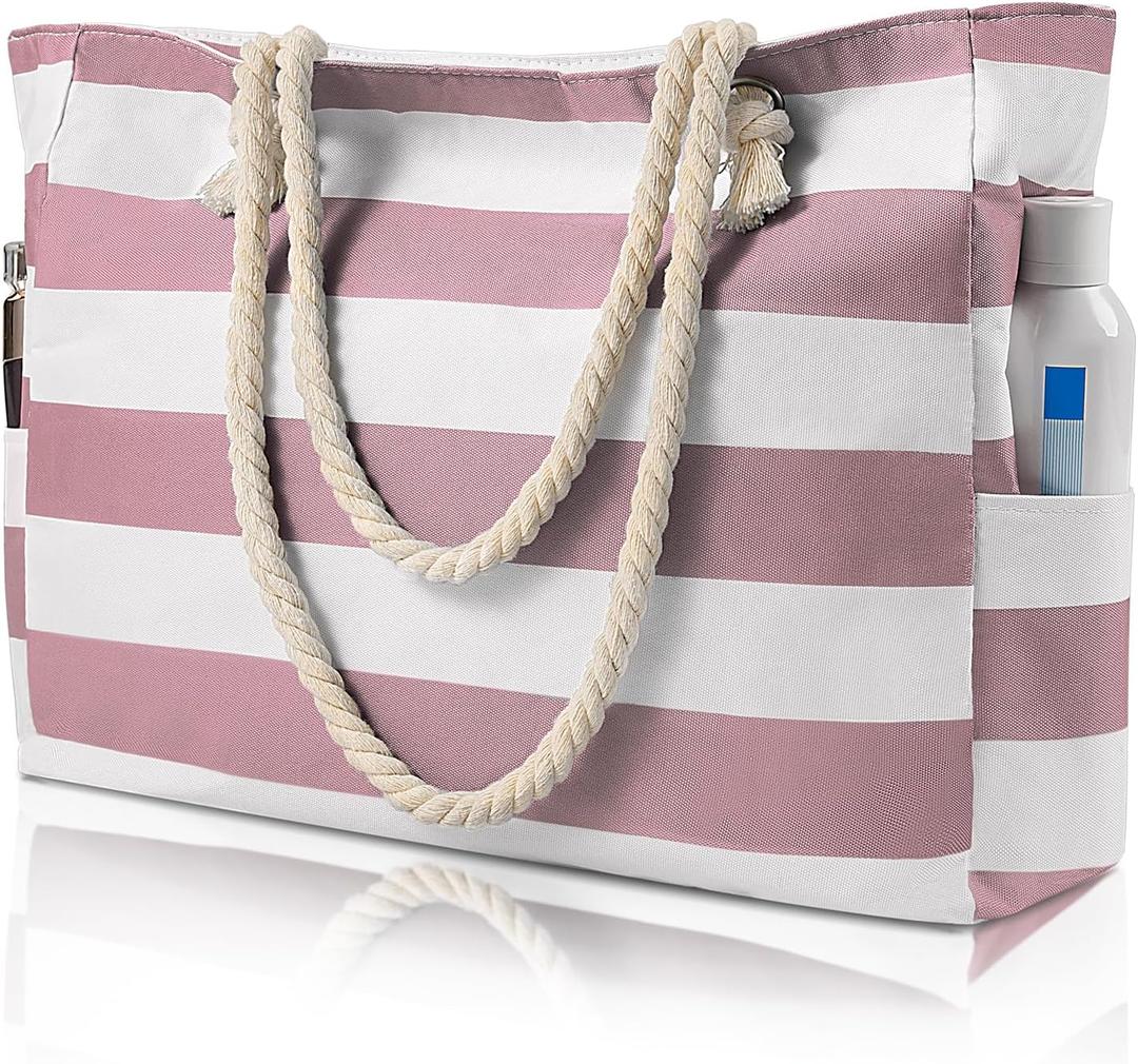 Beach Bags For Women - Large Beach Bags with Zipper Waterproof Sandproof Swim Pool Beach Bag (Light Pink Stripes)