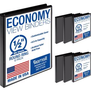 Samsill 0.5 Inch 3 Ring Binder, Economy Round Ring, Clear View Cover, 100 Sheet Capacity - for School, Home, Office - Black, 6 Pack