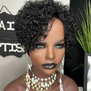 showreal Short Curly Pixie Cut Wigs for Black Women Curly Bob Wigs Coiffure Hairstyle Pixie Wigs Brazilian Virgin Human Hair Gluless Wig 180% Density Pixie WIgs with Wolftail(curly black)