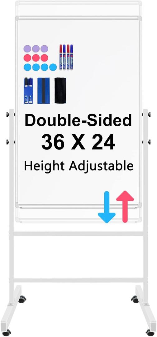 White Board Dry Erase Board with Stand 36" X 24", Mobile Whiteboard with Stands, Double-Sided & Height Adjustable Rolling Magnetic Whiteboard On Wheels, Portable Stand Up White Board