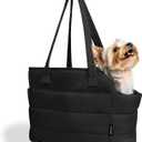 Lightweight Dog Purse Carrier for Small Dogs Under 15 lbs, Puffy Quilted Pet Carrier Tote for Puppies with Safety Leash Clip, Women's Hands-Free Dog Carrier Bag for Travel/Shopping (Black)