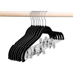 HOUSE DAY Velvet Skirt Hangers 12 Pack, Black Velvet Pant Hangers with Adjustable Clips, Space Saving Slim Shorts Hanger, Heavy Duty Non Slip Clip Hanger for Pants, Skirts, Shorts