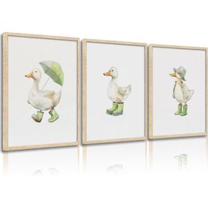 3Pcs Baby Animal Nursery Wall Art Funny Green Rain Gear Duck Painting Picture Wall Decor This Set of 3 Happy Ducks Wearing Green Boots Poster Print Artwork for Kids Boys Room Bedroom Decorate,Unframed,Size: 16L''x12W''