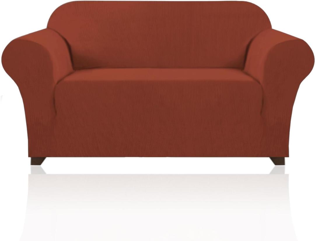 PrinceDeco Stretch Loveseat Sofa Cover Slipcover Couch Cover for 2 Cushion Sofa Washable Sofa Cover for Pets Friendly Furniture Protector Covers with Non Slip Bottom(Loveseat, Rust)