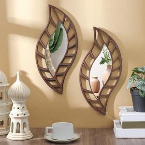 Roowest 2 Pcs Decorative Mirror Wall Decor Leaf Teardrop Mirror Wall Mounted Decorations for Living Room Bedroom Bathroom Vanity Entryway Office(Brown)