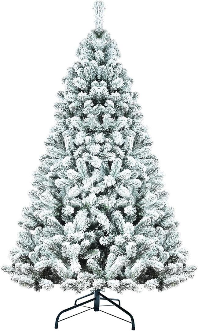 5ft Artificial Christmas Tree, PVC Flat Head White Flocked Pine Needle Christmas Tree with 1150 PVC Branch Tips, Partially Flocked Design for Office Home Store Party Holiday Decoration, Green (Green)