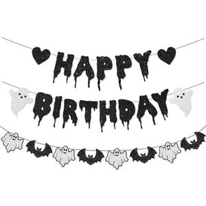 2 x Halloween Birthday Party Decorations Glitter Happy Birthday Banner Horror Movie Decor Supplies Scream Theme Party Favors(Black)