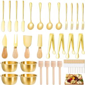 Suwimut 48 Pieces Charcuterie Board Accessories Cheese Butter Spreader Knife Set, Stainless Steel Mini Serving Tongs Spoons Forks Dipping Bowls Honey Dipper Toothpick Flags Utensils for Party Wedding