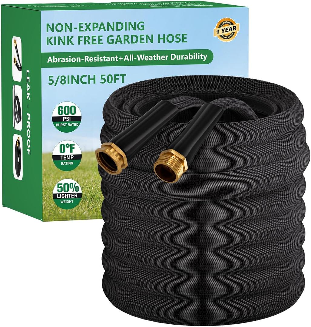 Garden Hose 50FT, Non-Expanding Water Hose Ultra Lightweight, Kink-Free, Burst-Resistant, Lead-Free, Flexible & Durable High-Pressure Hose for Yard, Lawn, Outdoor, Car Washing (Black)