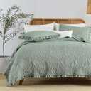 HORIMOTE HOME Sage Green Ruffled Quilt Queen Size, Shabby Chic Floral Quilt Set Lightweight Crinkled Farmhouse Rustic Bedding Set, 3 Pieces Reversible Bedspread with 2 Pillow Shams for All Season
