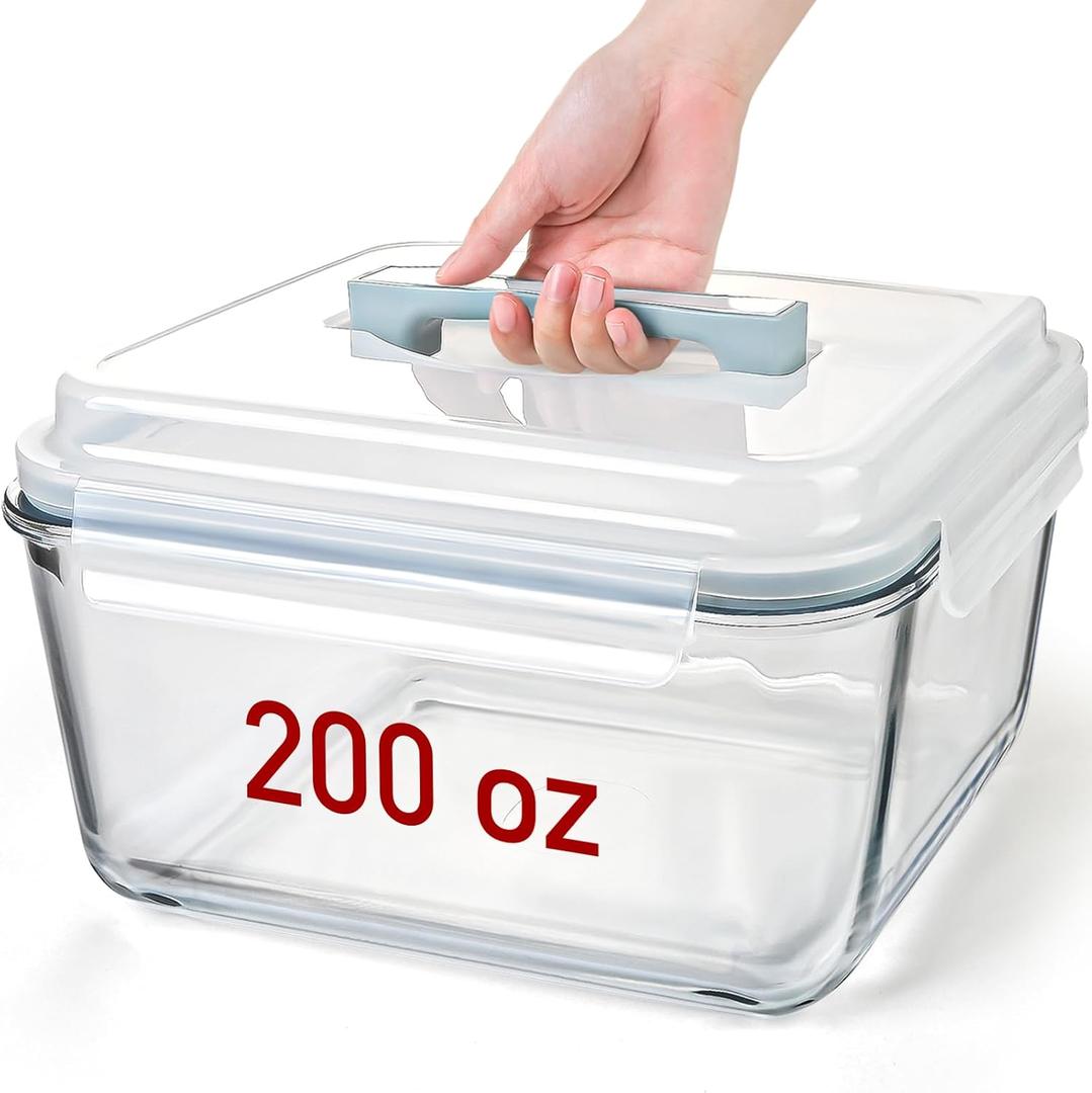 Large Glass Storage Containers with Lids, Big Rectangular Food Containers for Rotisserie Chicken Meal Prep Turkey Watermelon Potluck, XL Extra Large Freezer Safe Storage Container Airtight 200oz/26cup (Light blue handle)