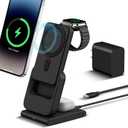 DDUAN Foldable Wireless Charging Station: 3-in-1 Mag-Safe Charger Stand with 5000mAh Portable Power Bank for iPhone 16/15/14/13/12 - Removable Battery Pack for Apple Watch (Black)