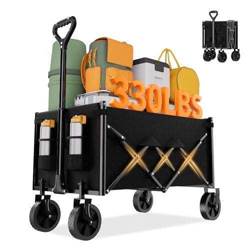 Favoyard Collapsible Wagon 100L & 330LBS, Heavy Duty Wagon Carts Foldable, Portable Folding Wagons with All - Terrain Wheels& Drink Holders, for Grocery Camping Beach Shopping Garden, Black