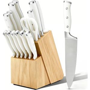 Knife Set, 15 Piece Premium Chef High Carbon Stainless Steel Kitchen Knife Block Set, Razor-sharp, Ergonomic Forged Triple Rivet Handle, Professional Knife Set for Kitchen, Dishwasher Safe(White)