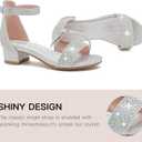 Dufannie Girls Sandals Low Heels Dress Pump Ankle Strap Open Toe Flower Girl Wedding Party for Toddler Little Big Kid (Silver)