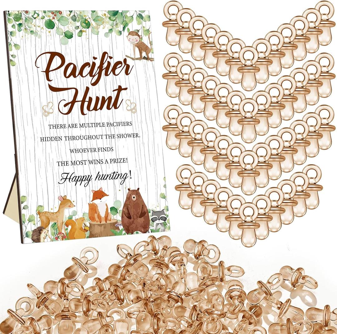 Thyle 51 Pcs Woodland Animals Pacifier Hunt Baby Shower Games Forest Animal Baby Shower Game Decoration Include Hunt Sign and Acrylic Pacifiers Woodland Themed Gift Sets for Gender Reveal Party Decor (Brown)