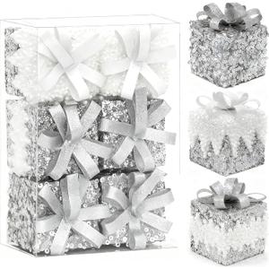 6Pcs Silver Christmas Ornaments Set Shatterproof Glitter Gift Box Christmas Tree Ornaments Pre-Strung Sequined Hanging Decorations for Xmas Holiday Wedding and Party Decor