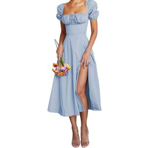 Linsery Women's Puff Sleeve Floral Maxi Dress Elegant Square Neck Cottagecore Boho Split Long Dresses (Small, Solid Blue)
