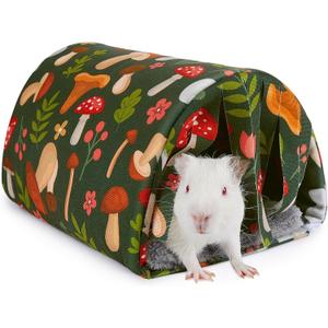 Washable Guinea Pig Tunnel with Curtains - Cozy Hamster Hideout Fit for Small Animals - Soft Accessories for Hamster/Chinchilla/Bunny (Mushrooms)