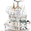 GlikCeil 19 Pcs Winter Tiered Tray Decor Snowflakes Wood Rustic Decoration Tiered Sign Table Centerpieces Without Tray for Tabletop Shelf Winter Xmas Home Party Gifts(Rustic)