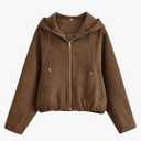 Women Hooded Faux Suede Bomber Jacket Front Zipper Long Sleeve Casual Autumn Winter Short Coat, Small