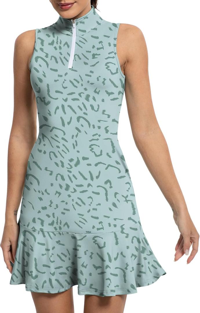 Tennis Dress for Women Golf Dresses with Shorts Inner Pocket Sleeveless Zip Up Stand Collar Workout Athletic Dresses, XS