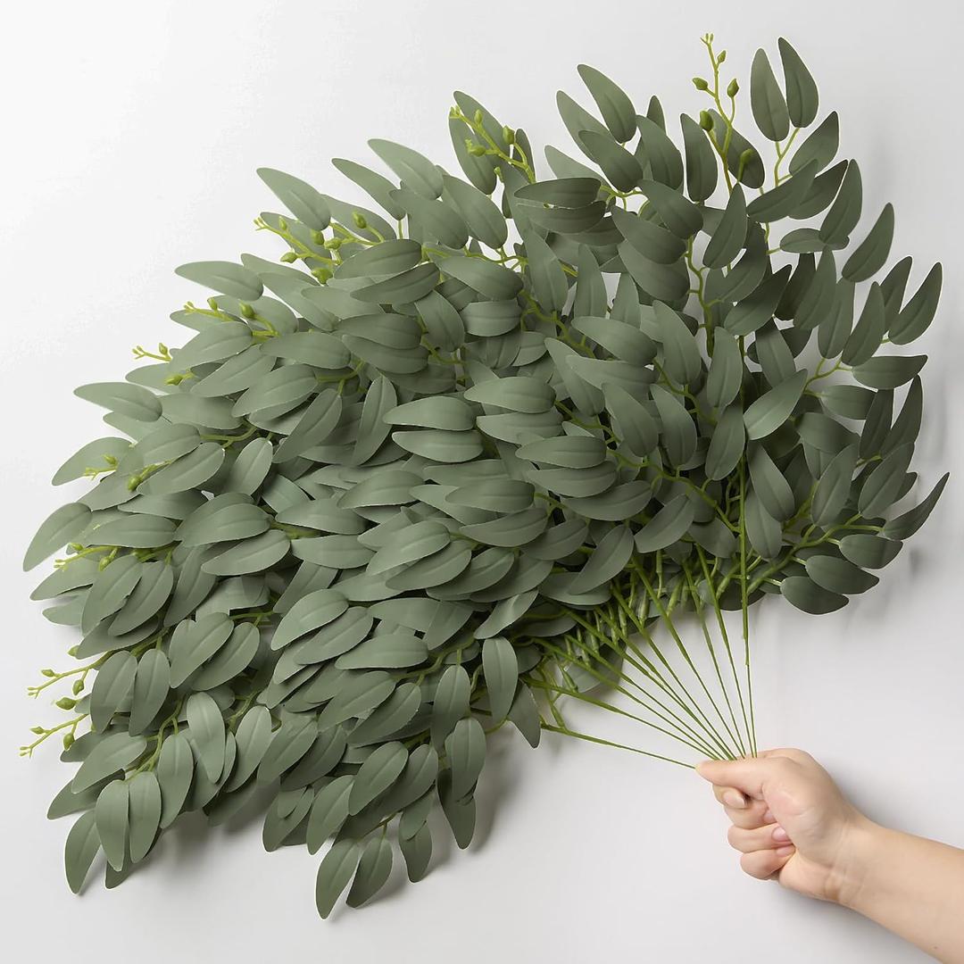 24pcs Artificial Italian Ruscus Greenery Stems 21" Faux Greenery Picks Silk Willow Leaves Stems Hanging Spray for Wedding Arch Bridal Bouquet Table Centerpieces Crafts Vase Filler Home Decor