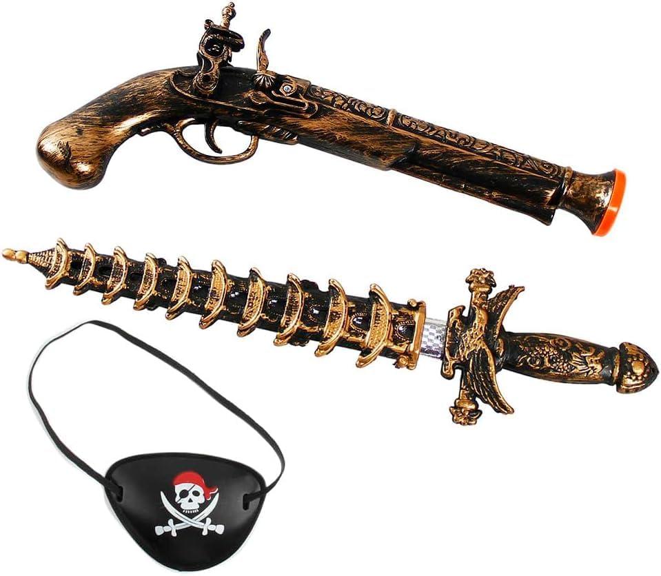3Pcs Pirate Gun and Sword Pirate Eye Patch Set Pirate Accessories Toy Sword with Sheath Fake Knife Pirate Sword Flintlock Pistol Prop