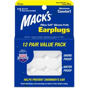 Mack's Pillow Soft Silicone Earplugs, 12 Pair  The Original Moldable Silicone Putty Ear Plugs for Sleeping, Snoring, Swimming, Travel, Concerts and Studying | Made in USA