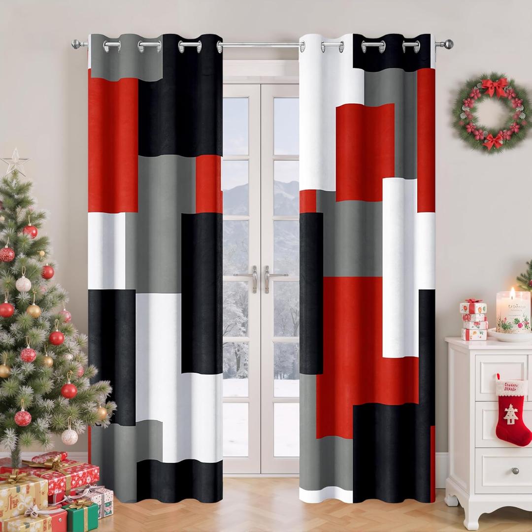 Red Black 100% Blackout Curtains for Bedroom 84 inch Long 2 Panels Set Modern Abstract Geometric Black Out Living Room Curtains Christmas Red Thermal Room Darkening Window Drapes, 52Wx84L