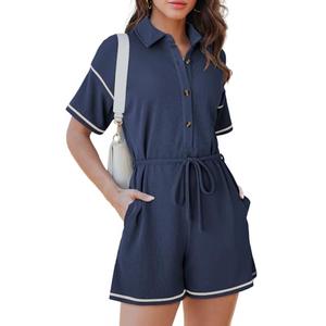 Dokotoo Women's Fashion 2025 Spring Summer Buttons Collar Short Sleeve Drawstring Waist Side Pockets Striped Casual Jumpsuits Romper Navy Blue Size 2XL