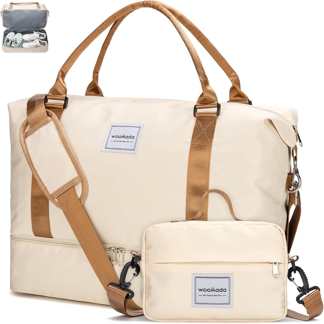 WOOMADA Weekender Overnight Bag for Women, Shoulder Travel Duffel with Shoes Compartment,Gym Bag with Toiletry Bag (Beige&Brown)
