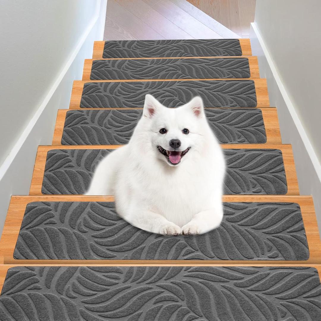 Stair Treads for Wooden Steps - Non Slip Stairs Carpet Tape Peel and Stick with Double Adhesive Tape Set of 15 Leaf -Grey, 15pc - 8" x 30"inch