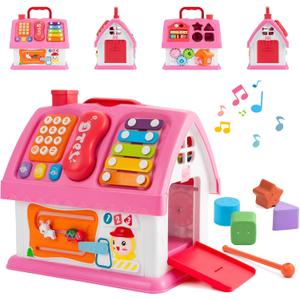 Montessori Toys for 1 Year Old, Baby Music Toys for 1 Year Old Girl Gift, 12-in-1 Musical House Toddler Learning Toy for 1 2 3 Ages, First Birthday Gifts for Girls and Boys, Educational Toy, (Pink)