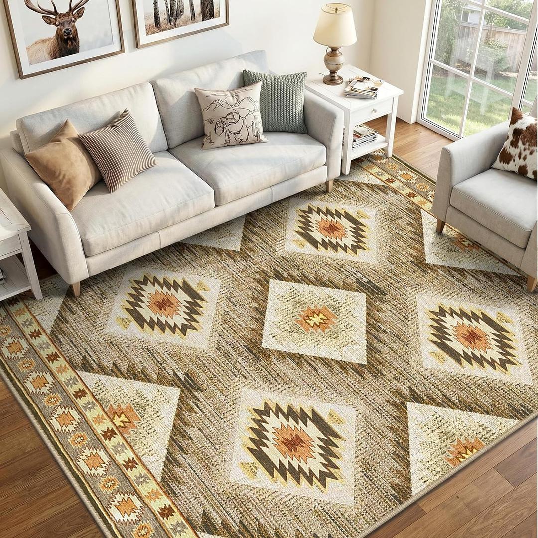 Area Rug 5x7 Rug Machine Washable Non-Slip Low Pile Print Pattern Western Rug for Living Room Bedroom Entryway Tribal Series -Cream/Camel