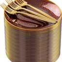 Rubtlamp 200Pcs Brown Plastic Dessert Plates with Gold Rim, 6inch Fancy Amber Plastic Plates Include 100 Hammered Appetizer Plates and 100 Disposable Gold Forks for Party Wedding Birthday