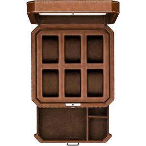 ROTHWELL 6 Slot Leather Watch Box with Valet Drawer - Luxury Case Display Organizer, Microsuede Liner, Locking Mens Jewelry Watches Holder, Men's Watch Storage Large Glass Top (Tan/Brown)