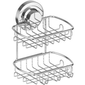 Soap Dish for Shower Suction Cup Powerful Vacuum System Rustproof 304 Stainless Steel Basket Sponges Holder with Razor Hooks for Bathroom or Kitchen Soap Holder, 2 Tier (Silver) (Silver)