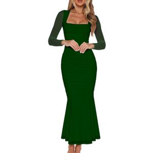 BORIFLORS Women's Ruched Bodycon Long Sleeve Maxi Dress Mesh Square Neck Cocktail Party Long Dresses (Large, Dark Green)
