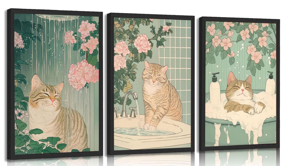 3Pcs Cute Funny Japanese bathroom Cat Canvas Wall Art plant flower Tabby Cat Posters Prints paintings Vintage Japan Toilet Wall Decor Pictures for Bathroom Toilet Home Decoration Unframed
