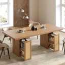 LIKIMIO 78.7" Farmhouse Dining Table for 6-8 People, Extra Thick Wood Top with 2 Hidden Adjustable Storage Drawers, Modern Woven Rattan Table for Dining Room, Kitchen, Living Room, Rustic White