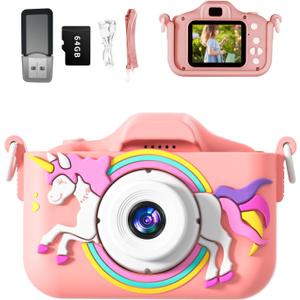 Kids Camera, Rainbow Design, 2.0 Inch LCD Screen, with 64GB Memory Card, Girls Toy (Pink8)