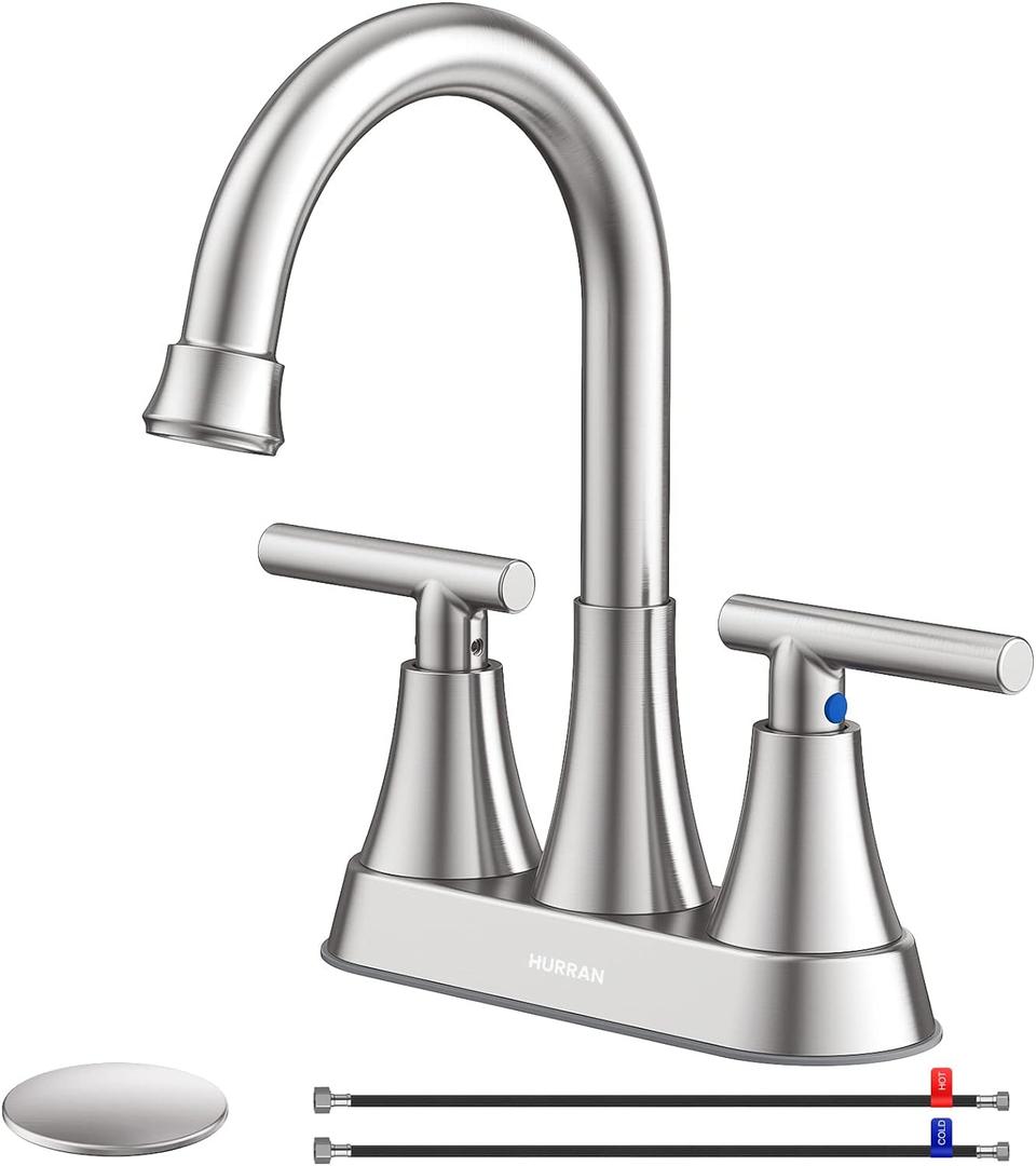 Bathroom Faucets for Sink 3 Hole, Hurran 4 inch Brushed Nickel Bathroom Sink Faucet with Pop-up Drain and Supply Lines, Stainless Steel Centerset Faucets for Sink Vanity RV
