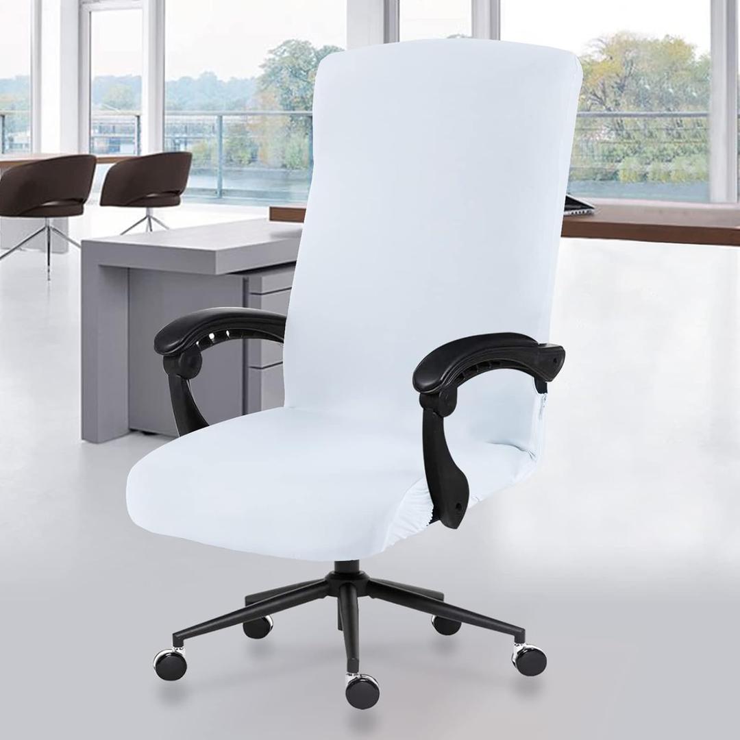 Elastic Computer Chair Cover with Durable Zipper - Protective Removable Washable Universal Office Desk Chair Seat Slip Cover - Stretchy Soft Anti-dust Desk Chair Seat Protector for Dogs, Cats, Pets (White)