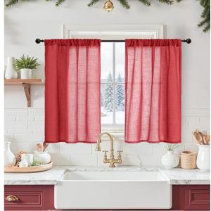 BGment Red Linen Kitchen Curtains Window Over Sink, Short Semi Sheer Drapes with Rod Pocket Lightweight for Cafe Bathroom Windows, 2 Panels Set, Each 30 Inch Wide