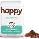 happy coffee light roast ground coffee, 12 oz., notes of cashew & elation, recyclable container, grown & harvested in Colombia, Brazil & Guatemala BB 06/02/26