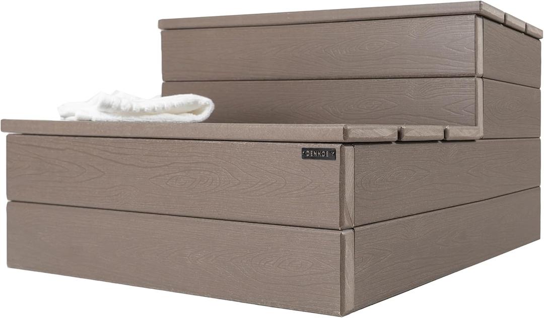 Hot Tub Steps - Wood Looking Plastic - 100% Waterproof - Brown Non Slip, Heavy Duty, Multi Use as Porch Steps, Hot Tub Stairs, Outdoor Stairs, Fits Any Spa Size