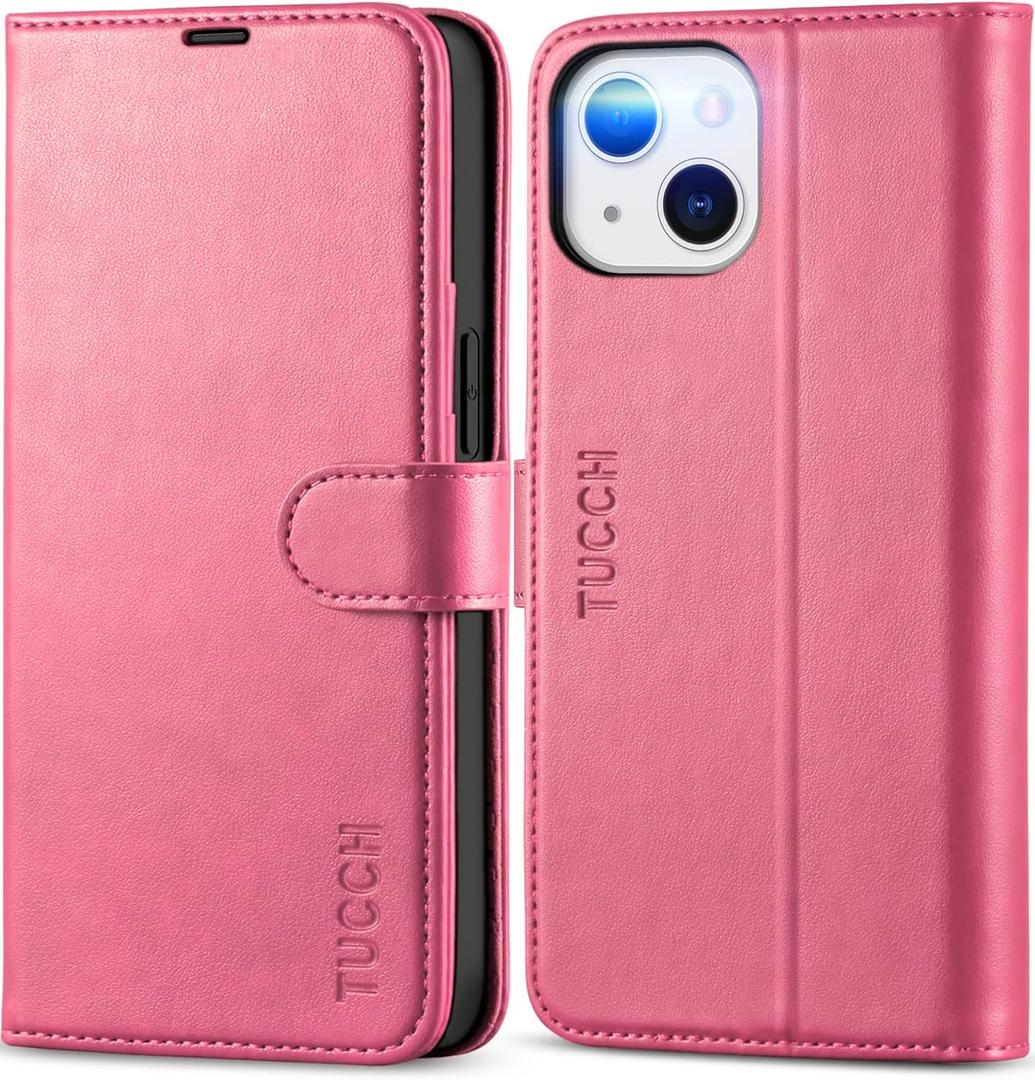 TUCCH Wallet Case Compatible with iPhone 13 (6.1" 2021), RFID Blocking Card Holder Stand PU Leather Cover with Shockproof TPU Shell for iPhone 13 6.1", Hot Pink